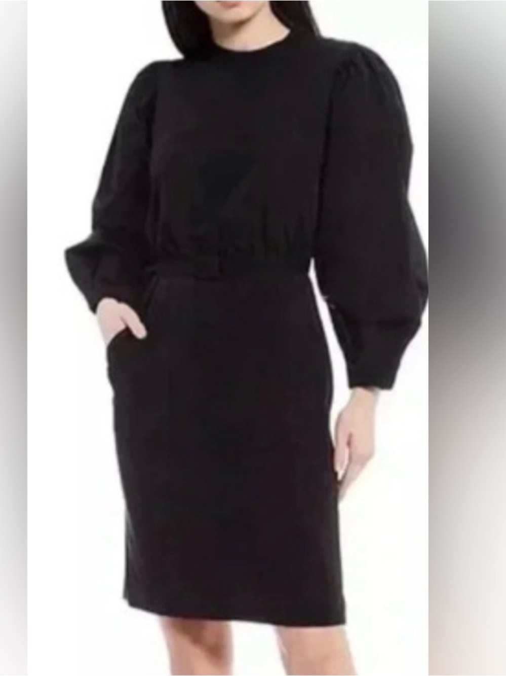 LDT Alicia Ballon Sleeve Black Belted Dress NWT